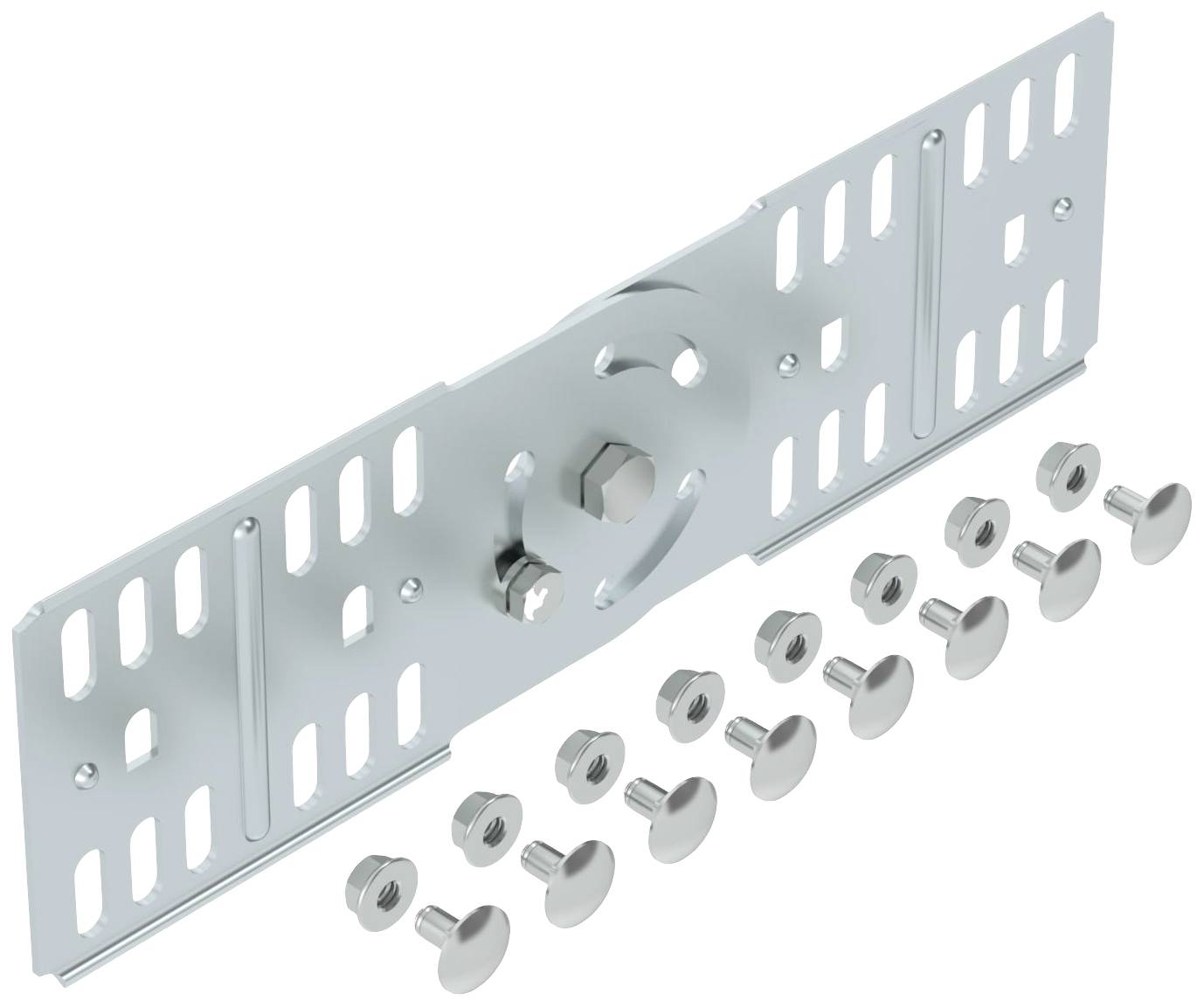 Metallhalterung mit verschiedenen Schrauben und Muttern auf weißem Hintergrund, Hauptteil in der Mitte.