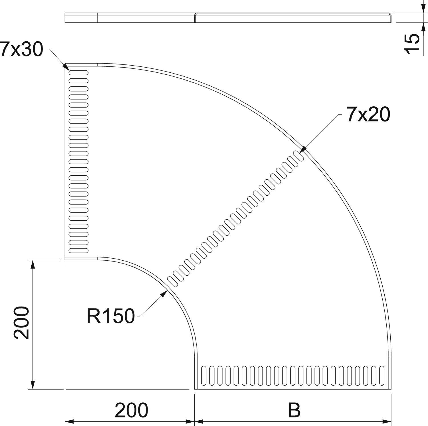 Technische Zeichnung eines gewinkelten Blechs mit den Maßen: Radius 150mm, Breite 200mm, Höhe 200mm, Dicke 15mm; zwei Lochreihen, eine mit 7x30, die andere mit 7x20.