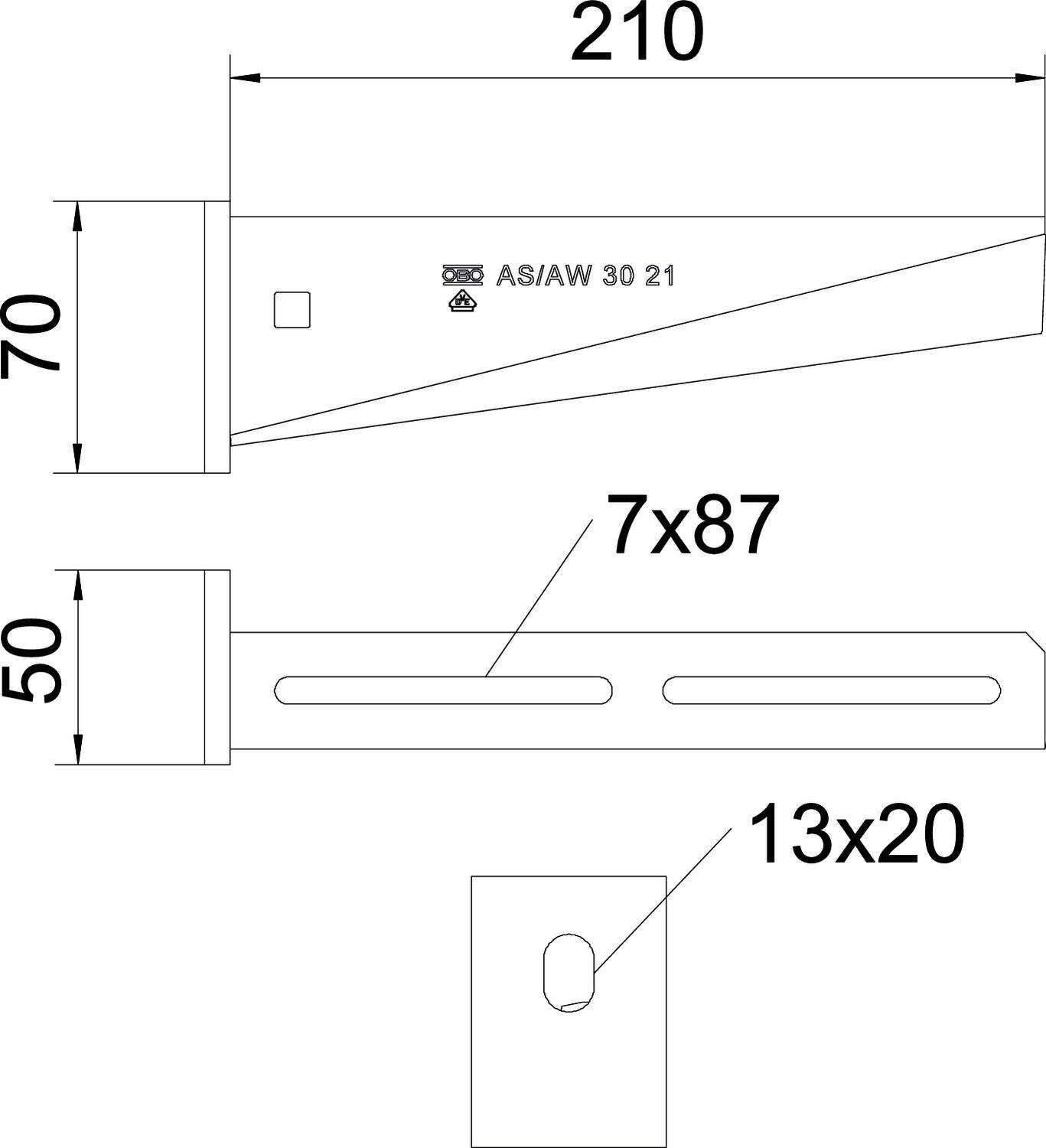 Technische Zeichnung eines Metallteils mit Abmessungen: Länge 210 mm, Höhe 70 mm, Breite 50 mm, Aussparungen 7x87 mm und 13x20 mm.