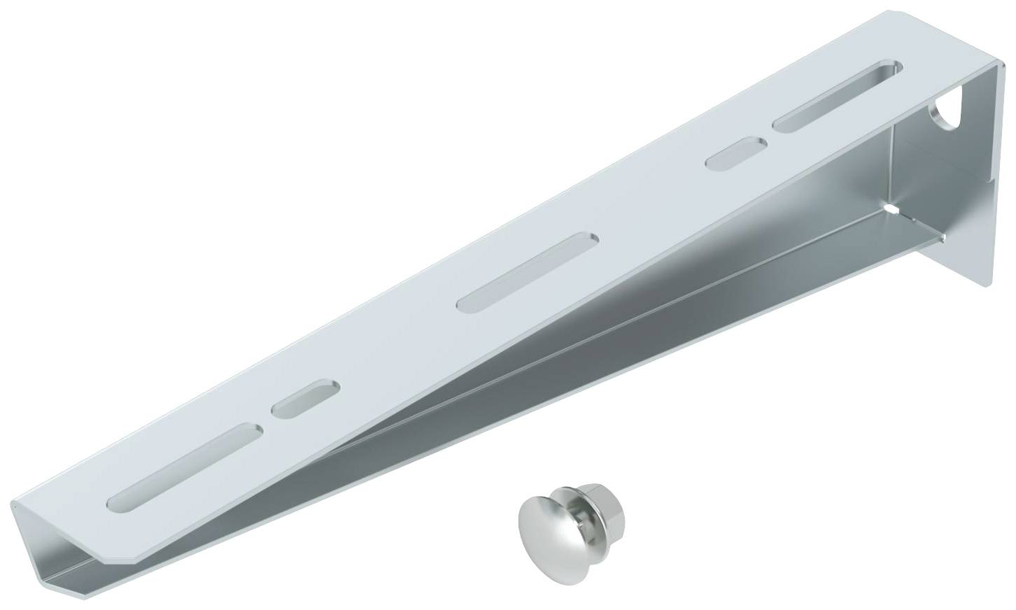 Metallwinkelhalterung mit mehreren Schlitzen zur Montage, beigelegte Schraube daneben. Geeignet für tragende Konstruktionen.