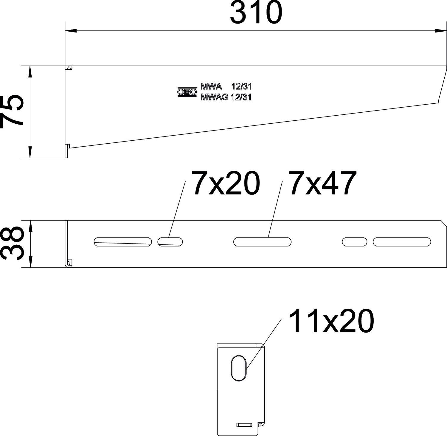 Technische Zeichnung eines Metallwinkels mit folgenden Maßen: Länge 310 mm, Höhe 75 mm, Breite 38 mm. Löcher: 7x20 mm, 7x47 mm, 11x20 mm.