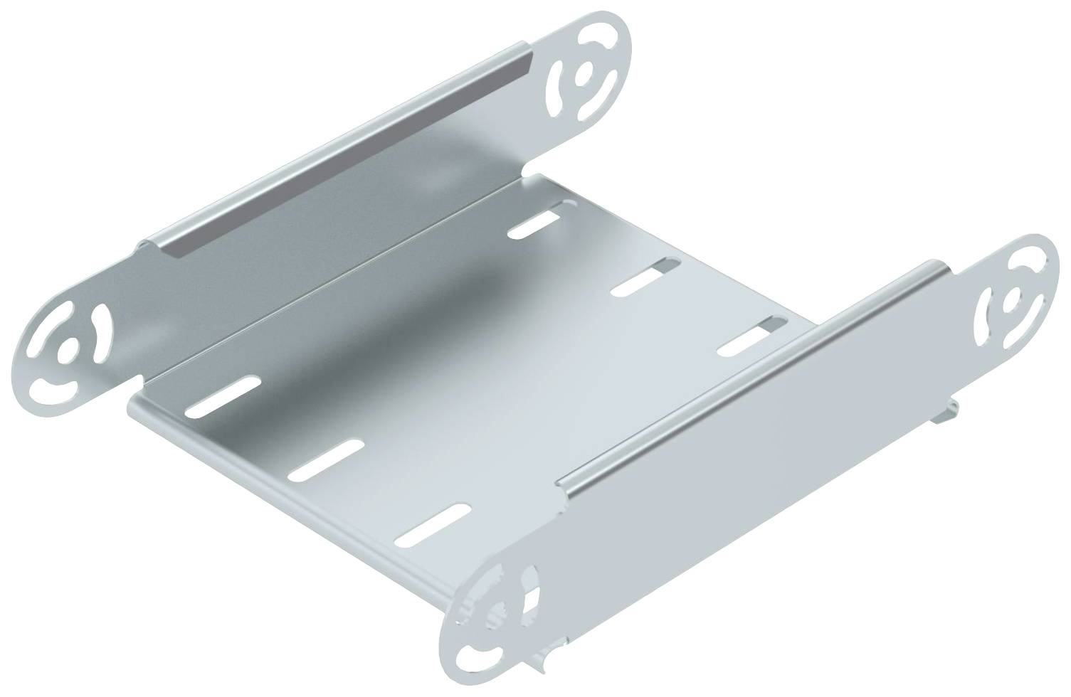 Metallhalterung mit Schlitzen und abgerundeten Enden, geeignet zur Befestigung von elektronischen Geräten oder Bauteilen.
