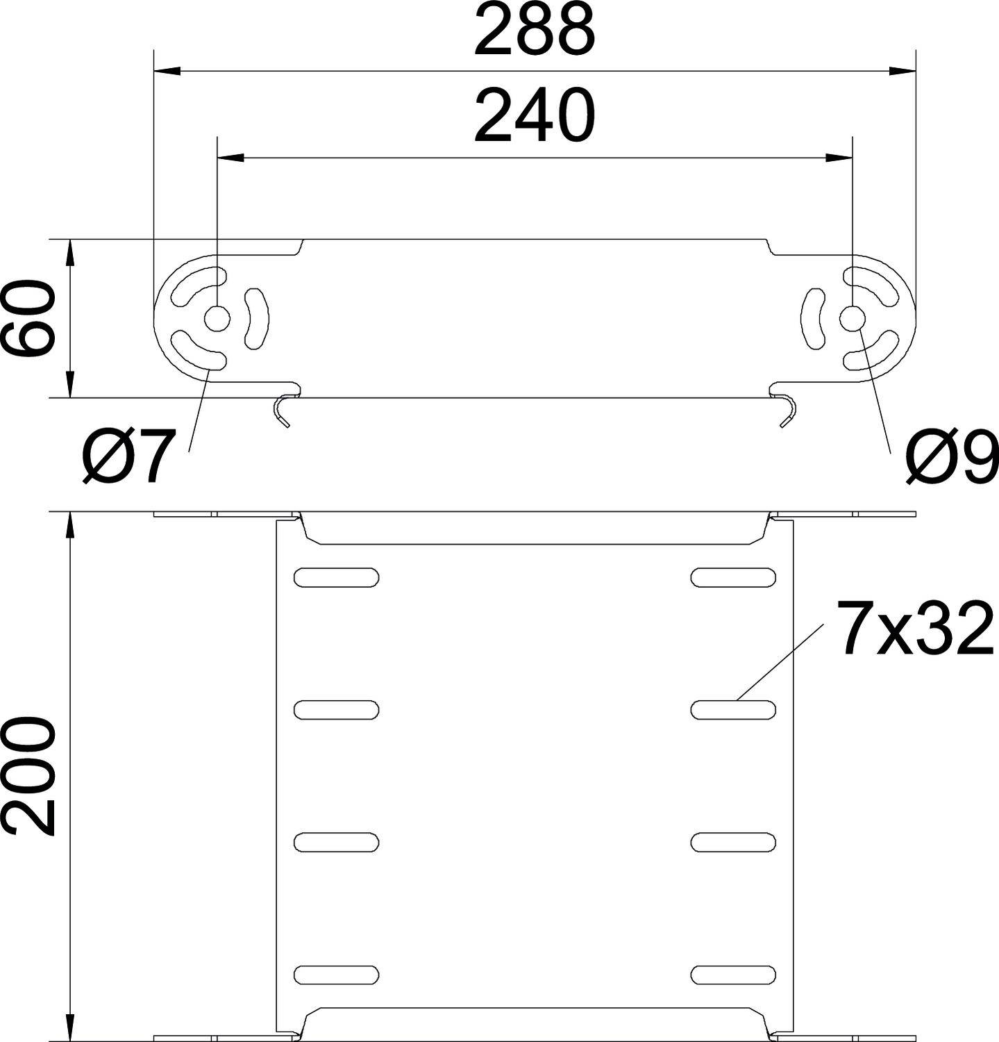 Diagramm einer Metallhalterung mit den Maßen: Breite 288 mm, Höhe 200 mm. Bohrungen: Ø7 mm und Ø9 mm. Abstand des Langlochs: 240 mm.