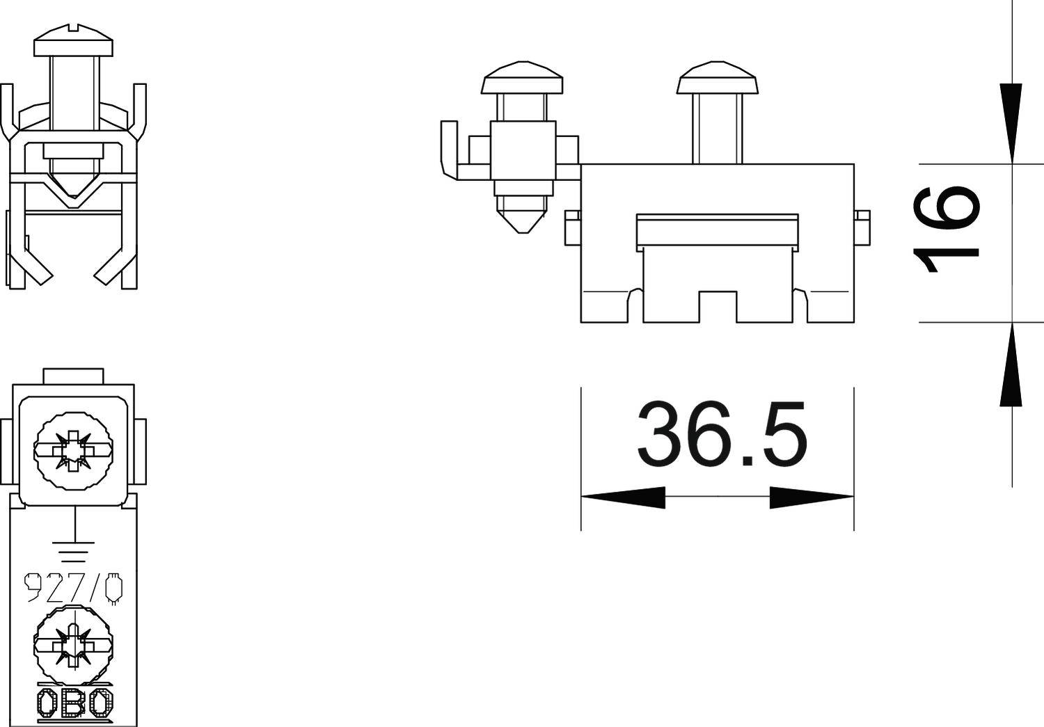 Technische Zeichnung eines Steckverbinders mit den Maßen: Breite 36,5 mm, Höhe 16 mm. Zeigt eine Seiten- und Vorderansicht.