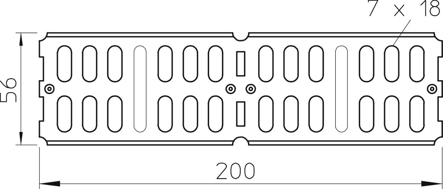 Technische Zeichnung eines Metallgitters mit rechteckigen Öffnungen. Maße: 200 mm Länge, 56 mm Breite, Öffnungen 7 x 18 mm.