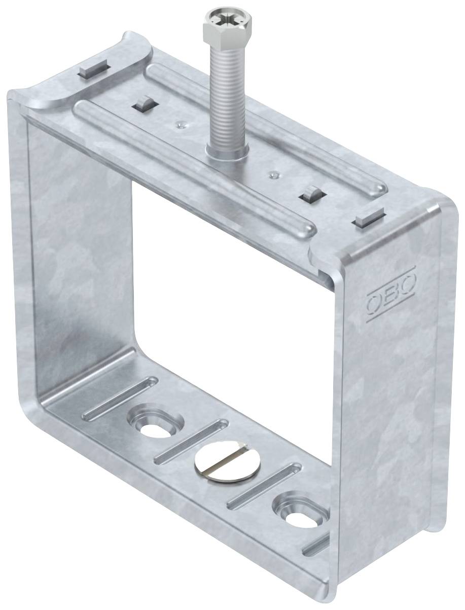 Metallhalterung mit Schraube, rechteckige Form. Verwendet zur Befestigung und Unterstützung von Bauteilen in Bau- oder Elektroinstallationen.