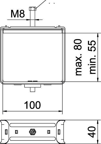 Technische Zeichnung eines rechteckigen Gehäuses, Maße: Breite 100 mm, Höhe variabel 55-80 mm, Tiefe 40 mm, M8 Schraubanschluss oben.