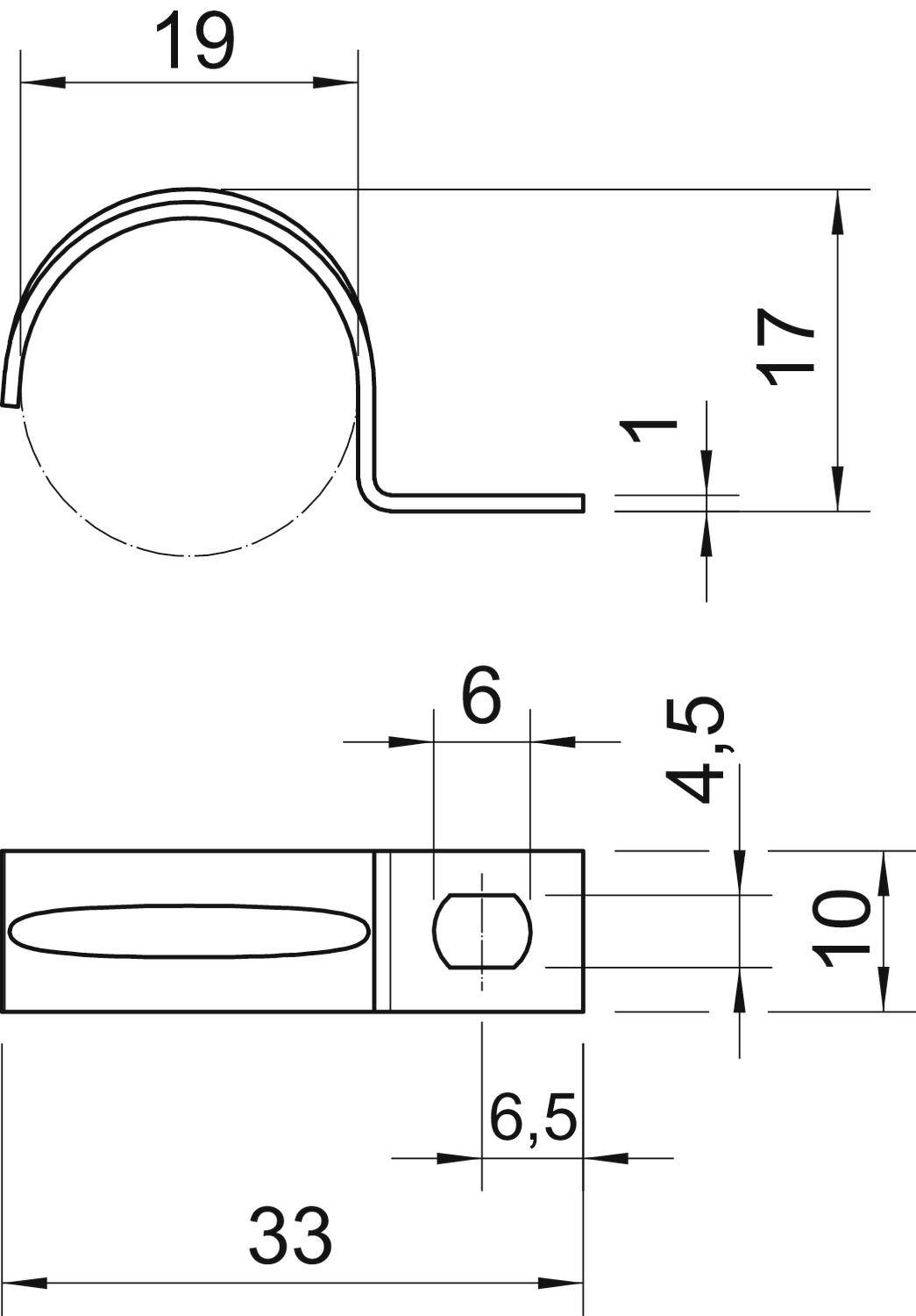 Technische Zeichnung von einer Rohrschelle. Abmessungen: Durchmesser 19 mm, Höhe 17 mm, Breite 6 mm, Gesamtlänge 33 mm.