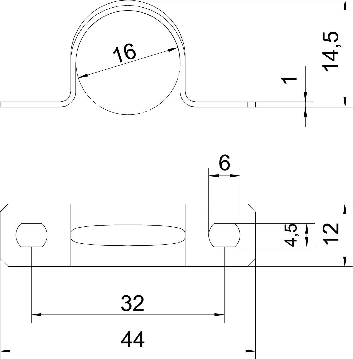 Technische Zeichnung eines Metallclips mit Maßen. Oben: Rundhalterung mit 16 mm Durchmesser, 14,5 mm Höhe. Unten: Länge 44 mm, Breite 12 mm, Befestigungslöcher zu sehen.