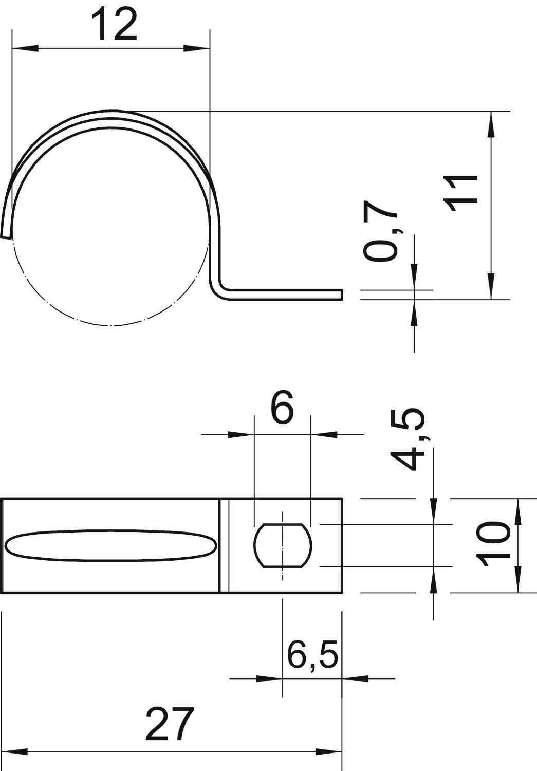 Technische Zeichnung einer Metallklammer mit Bemaßungen: 12x11 mm Bogen, 0,7 mm Dicke, 6x4,5 mm und 6x6,5 mm rechteckige Öffnungen, Gesamtlänge 27 mm.