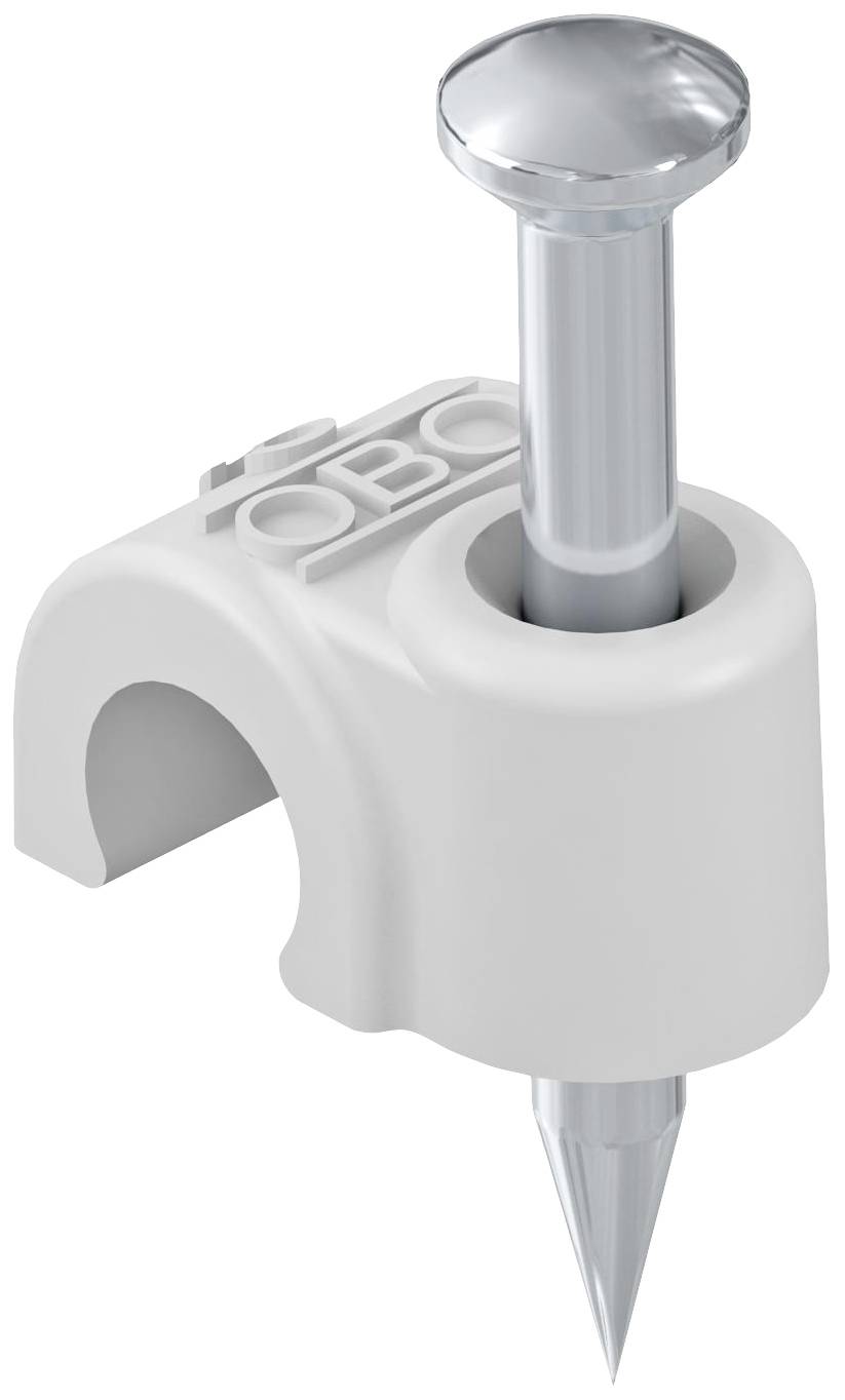 Ein weißer Kabelclip mit integriertem Nagel, verwendet zur Befestigung von Kabeln an Wänden oder anderen Oberflächen.