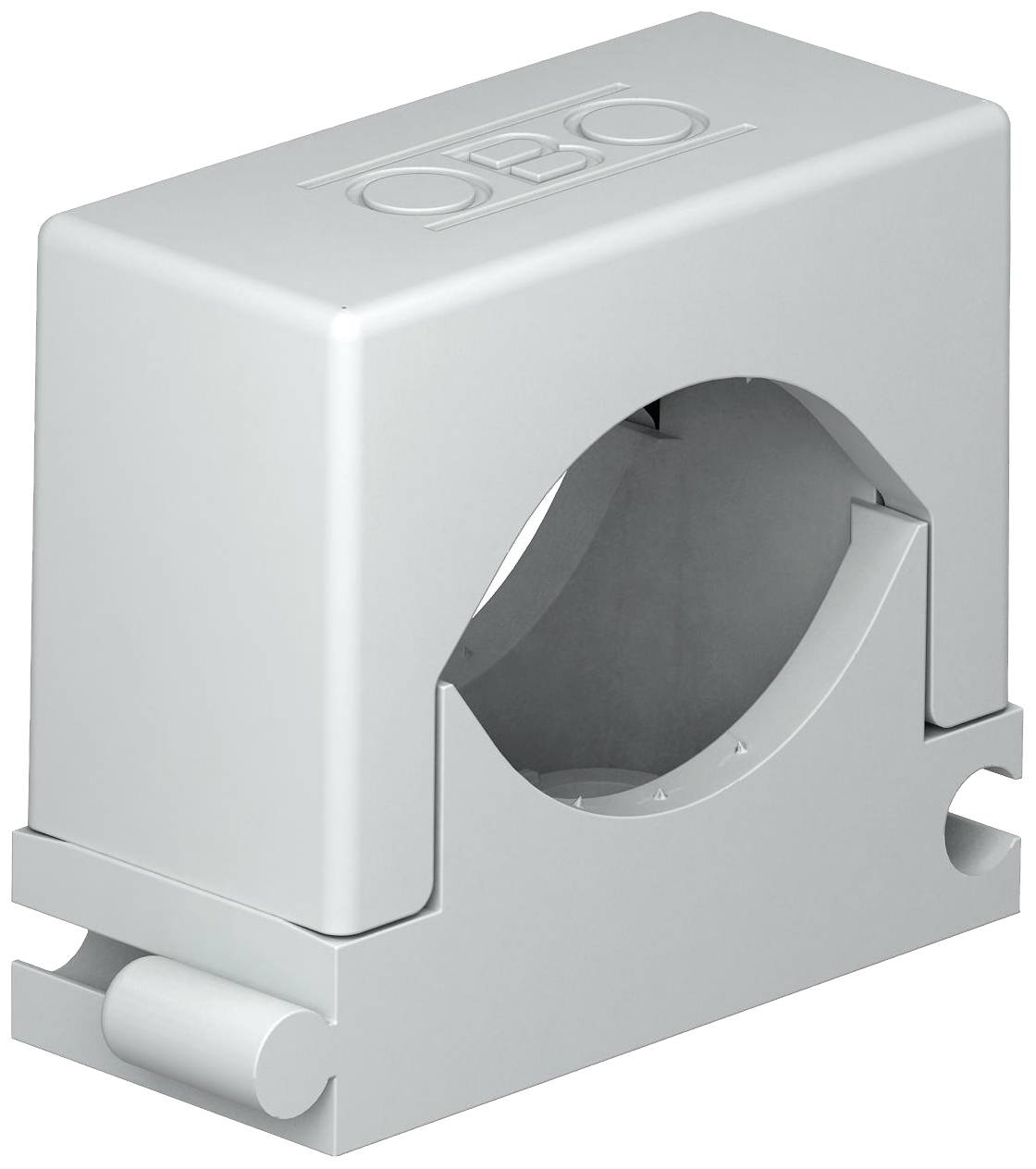 Grau-metallic farbige Kabelhalterung mit rechteckiger Form, runder Kabeldurchführung und einem Logo auf der Oberseite.