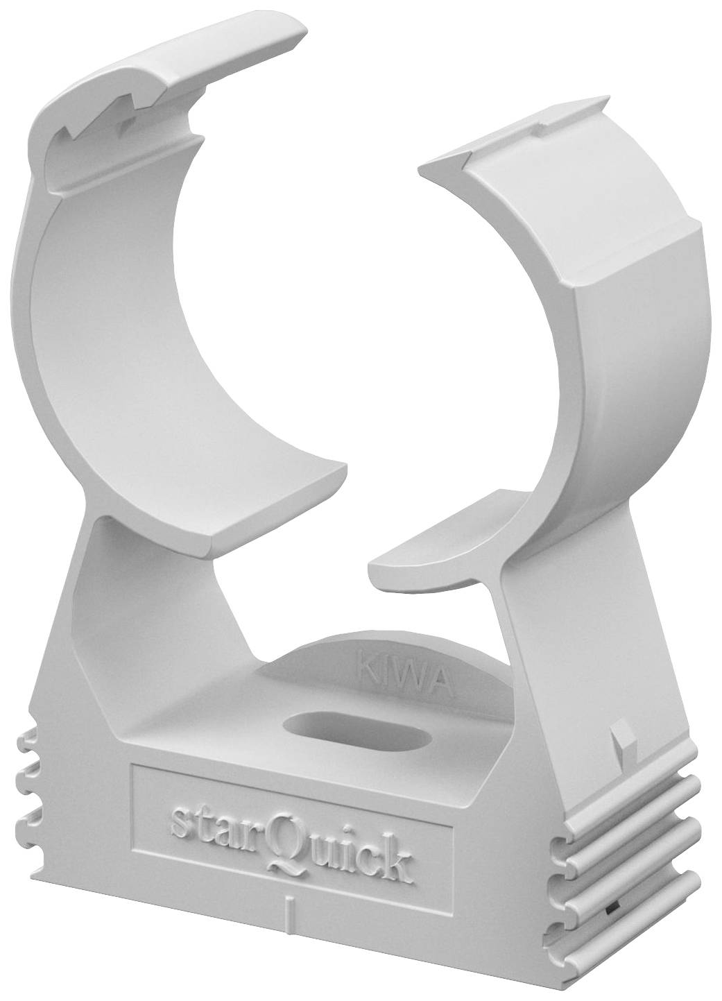 Plastik-Halterung mit der Aufschrift 'starQuick', zum Befestigen von Rohren oder Schläuchen. Verstellbarer Clip und stabile Basis.