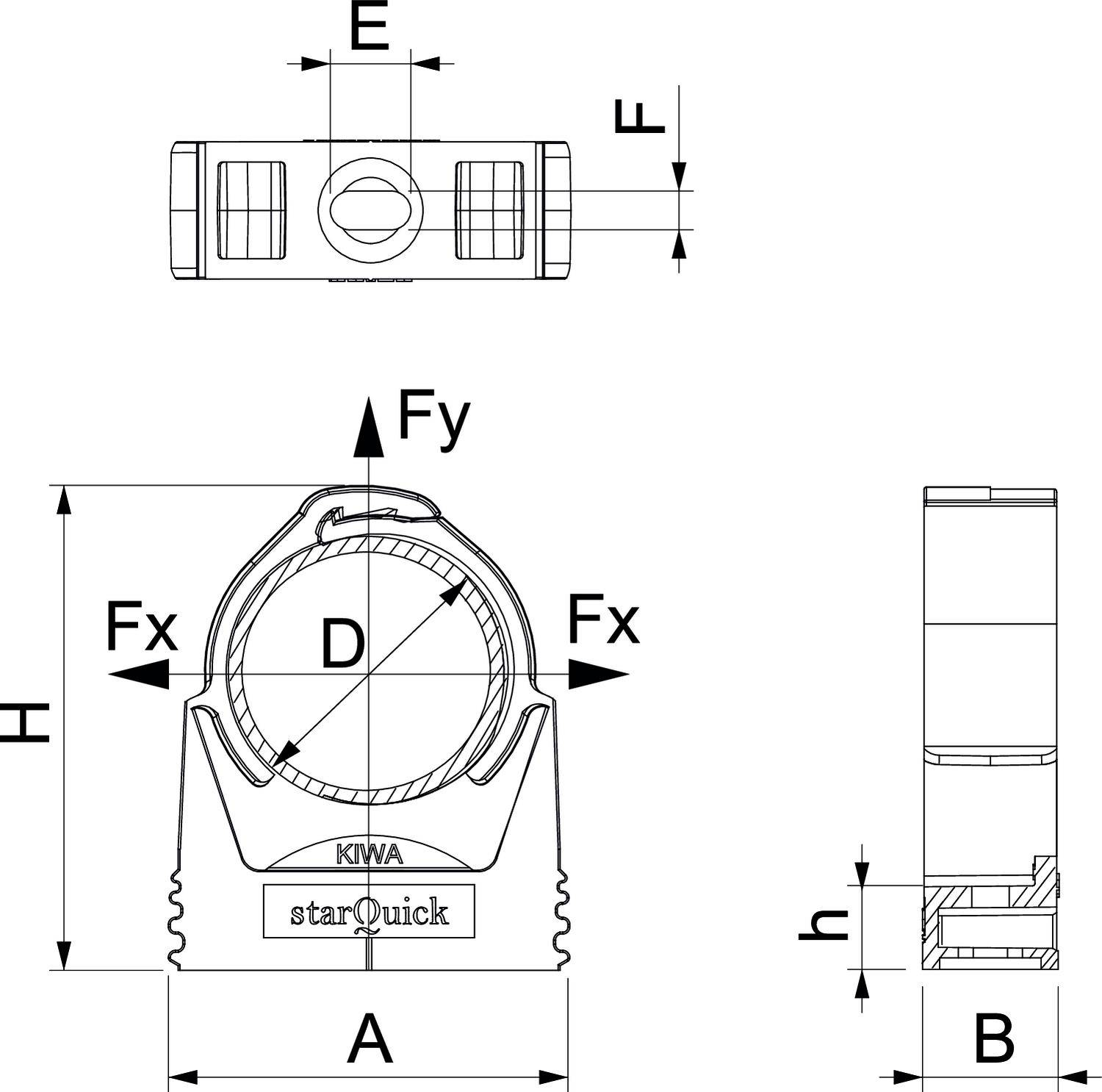 Technische Zeichnung eines Rohrschellenhalters mit Maßen A, B, D, E, F, Fx, Fy, H, h. Seiten- und Draufsicht.