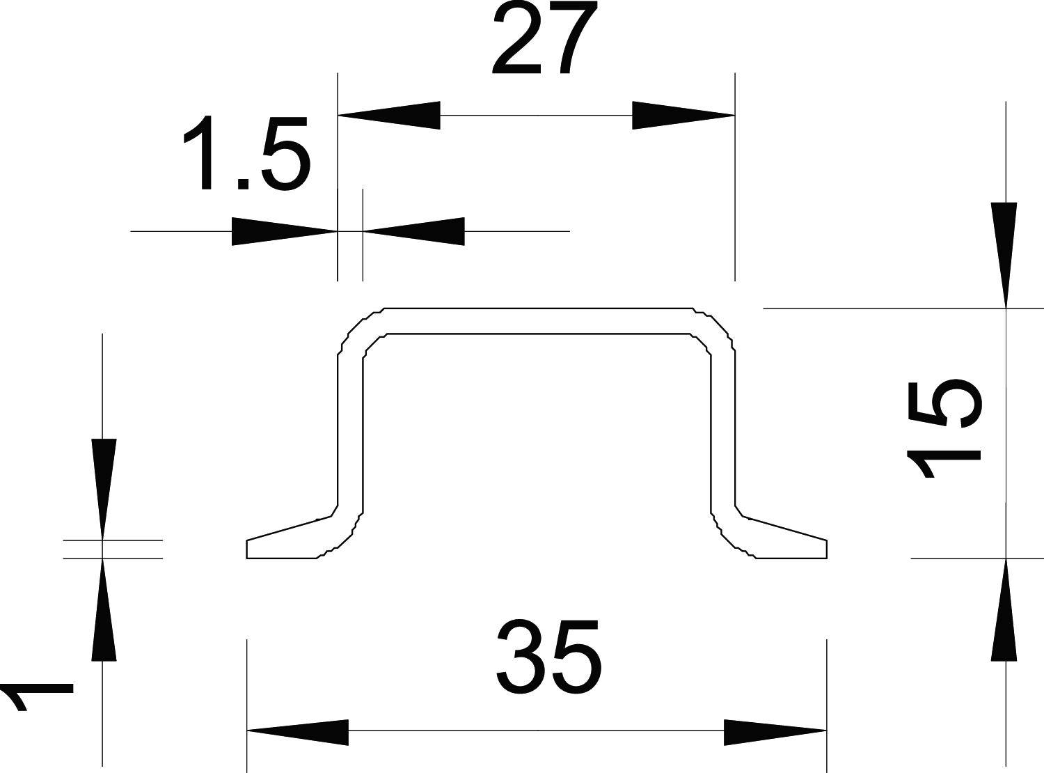 Technische Zeichnung eines U-förmigen Profils. Maße: 27 mm Breite oben, 35 mm Breite unten, 15 mm Höhe, 1,5 mm Dicke.
