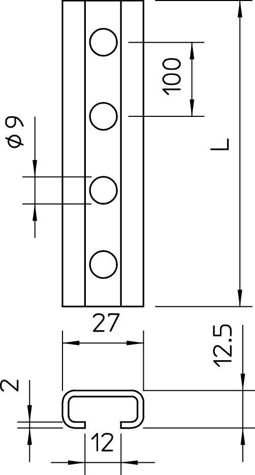 Technische Zeichnung eines Metallprofils mit Maßen: Länge L, Durchmesser 9, Breite 27, Höhe 12.5. Löcher sind gleichmäßig verteilt.