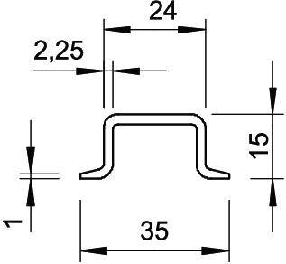 Technische Zeichnung einer Metallprofil-Querschnittsansicht. Maße: 24mm Breite oben, 35mm Gesamtbreite, 15mm Höhe, 2,25mm Breite der inneren Struktur.