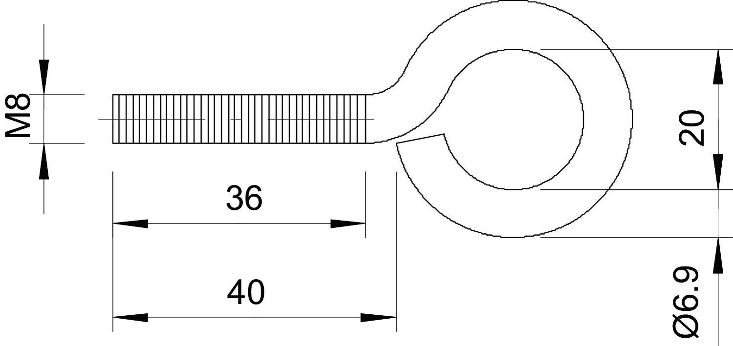 Technische Skizze: Schrauböse M8, Gesamtlänge 40 mm, Gewindelänge 36 mm, Ringdurchmesser 20 mm, Lochdurchmesser 6,9 mm.
