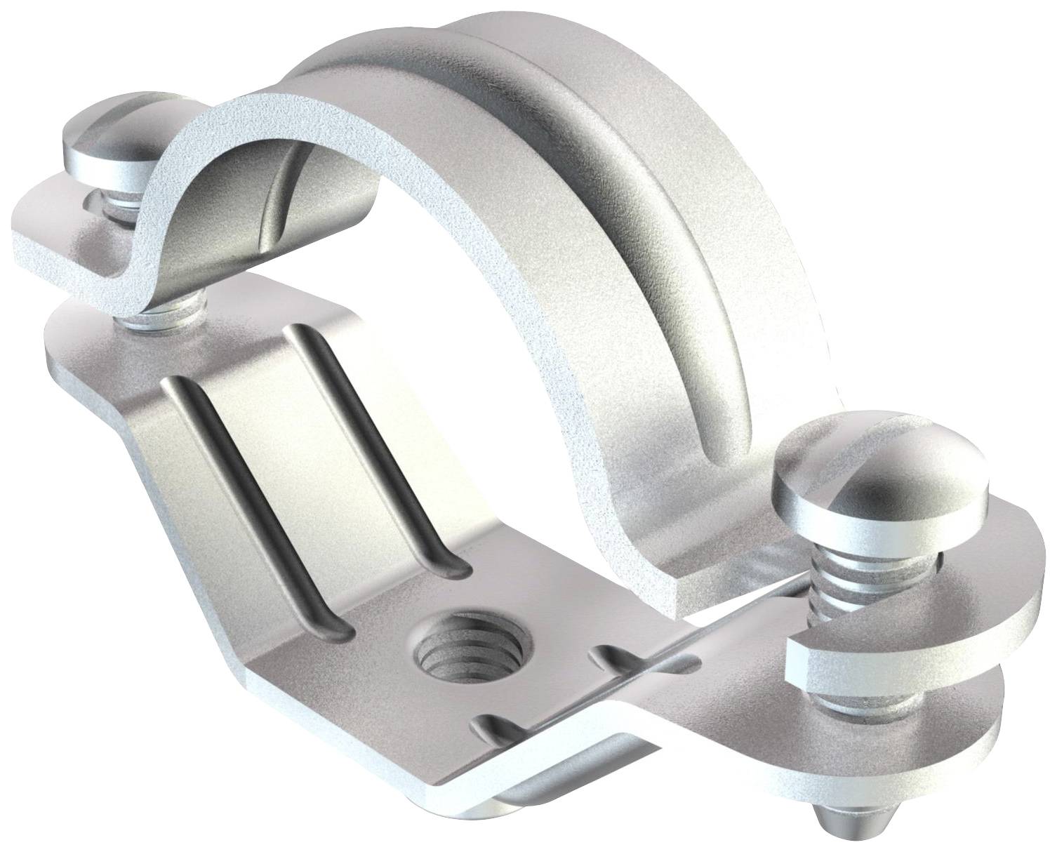 Silberne Metallrohrschelle mit zwei Schrauben; dient zur Befestigung von Rohren.