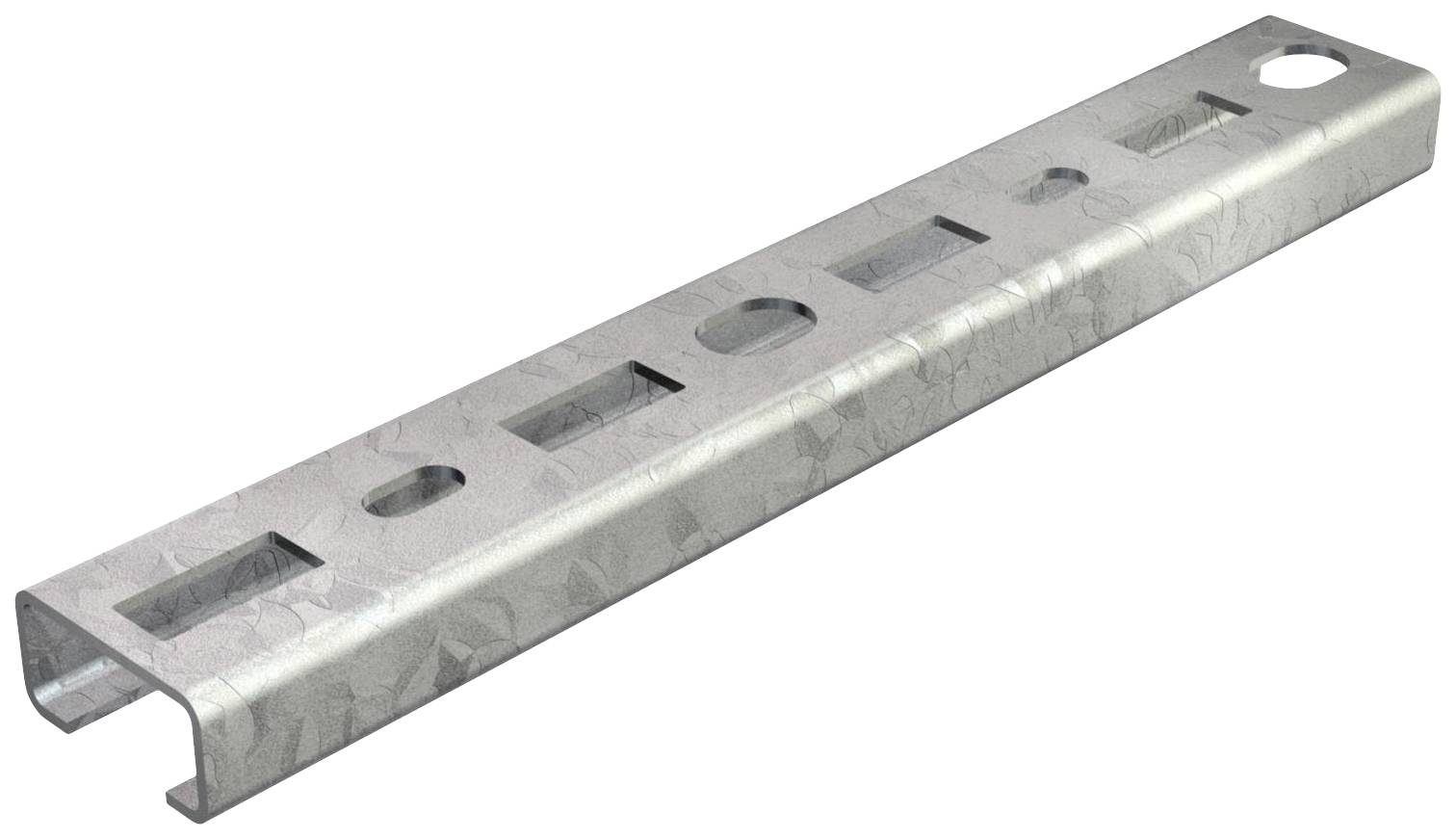 Ein länglicher, verzinkter Metallkanal mit einer U-Form und mehreren rechteckigen und runden Öffnungen entlang der Oberseite.