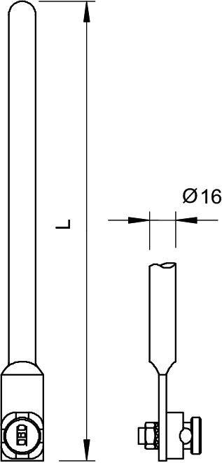 Technische Zeichnung einer zylindrischen Antenne mit verschiebbarem Maß 'L'. Durchmesser 16 mm, seitliche und frontale Ansicht.