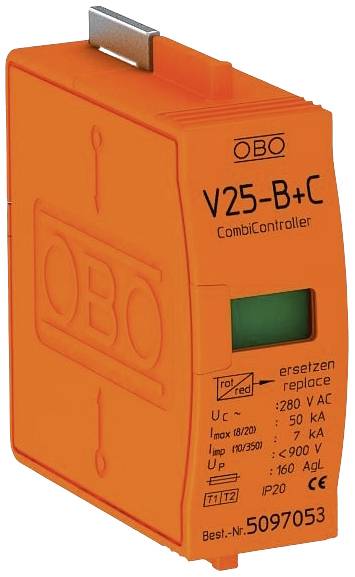 Oranger Überspannungsableiter 'V25-B+C' von OBO mit technischen Spezifikationen auf der Vorderseite.