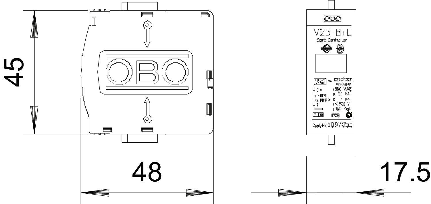 Technische Zeichnung eines Überspannungsschutzgeräts, Modell V25-B+C, mit Abmessungen: 45 mm Höhe, 48 mm Breite, 17,5 mm Tiefe.