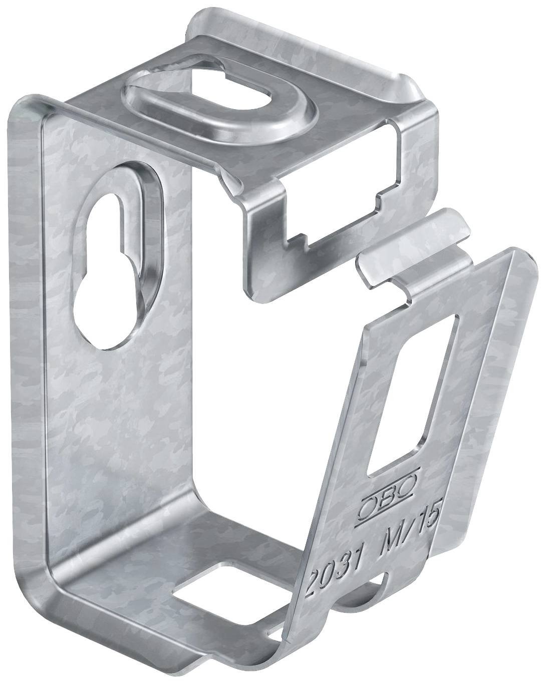 Metallbefestigungsklemme mit mehreren Öffnungen und eingravierter Aufschrift '2031 M/15', verwendet für industrielle Montagen.