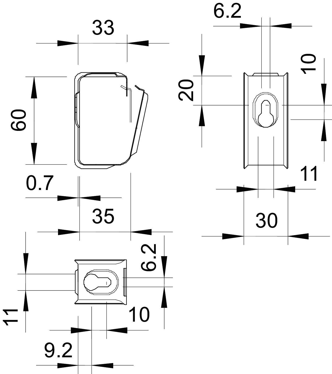 Technische Zeichnung eines mechanischen Teils mit Maßen: Länge 60 mm, Breite 33 mm, Höhe 20 mm; zeigt Ansichten und Bohrungen.