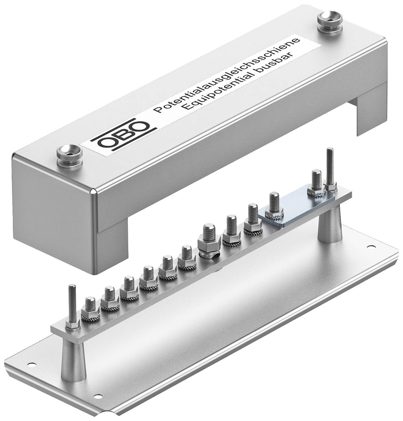 Eine silberne Potentialausgleichsschiene zur Verbindung elektrischer Geräte zur Erdung und Sicherheit, mit mehreren Anschlusspunkten.
