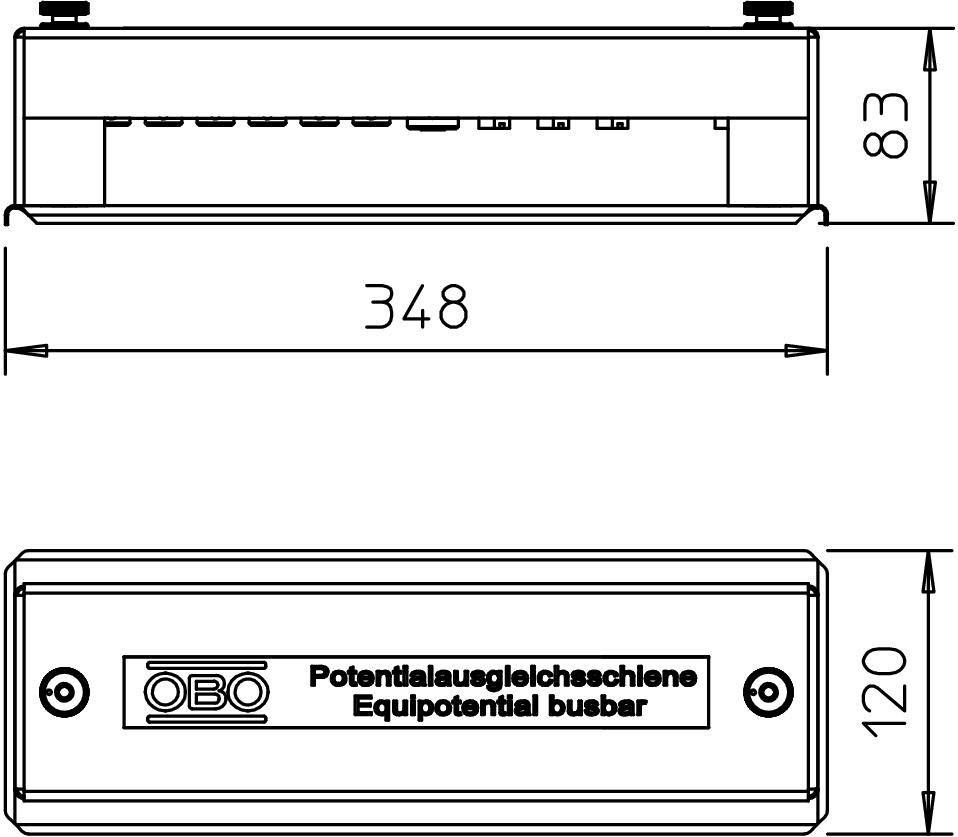 Eine technische Zeichnung zeigt eine Potentialausgleichsschiene mit den Maßen 348 mm Länge, 120 mm Breite und 83 mm Höhe.