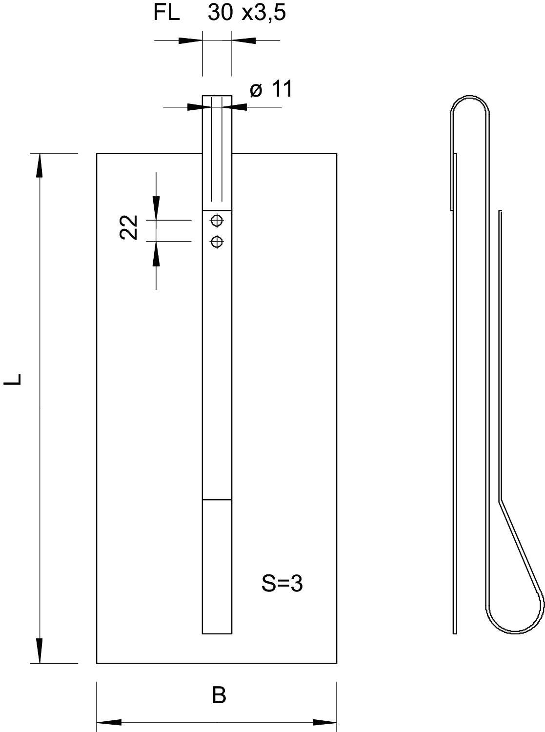 Technische Zeichnung eines Befestigungsstifts mit Maßen: Länge (L), Breite (B), Stiftlänge (FL), Durchmesser (Ø11), Materialdicke (S=3).