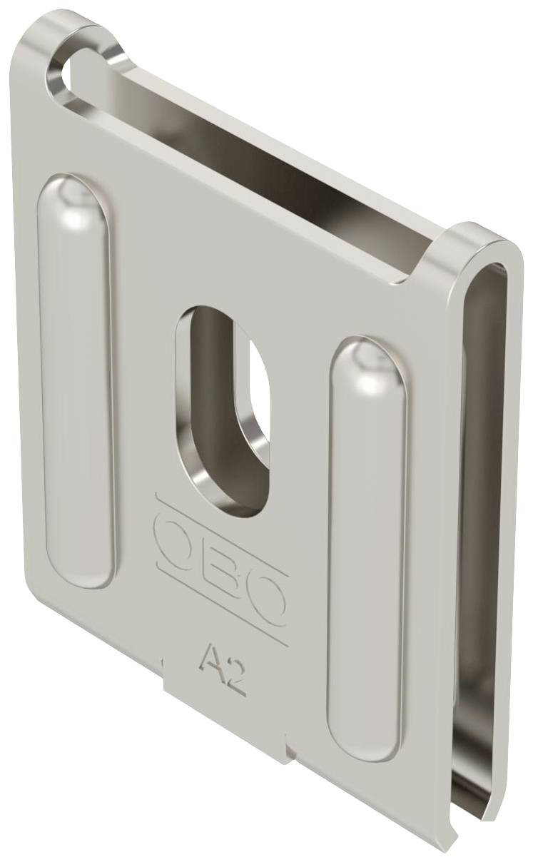 Metallobjekt mit rechteckiger Form, ausgestanzt in der Mitte, und zwei zylindrischen Erhebungen. Markierungen: 'OBO' und 'A2'.