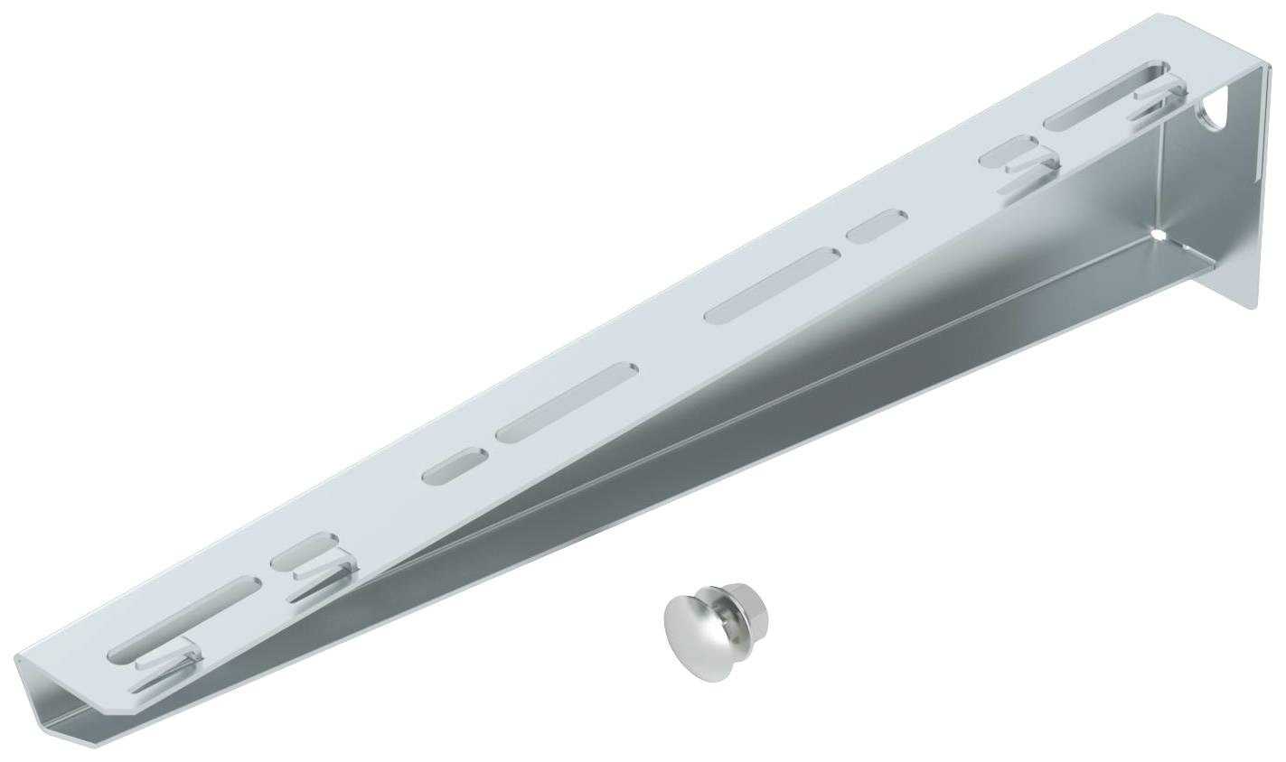 Metallwinkelträger mit mehreren Schlitzen zur Befestigung, daneben eine einzelne Schraube.