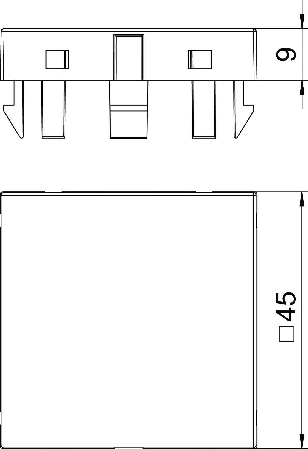 Technische Zeichnung eines quadratischen Bauteils mit einer Seitenlänge von 45 mm und einer Höhe von 9 mm, inklusive Befestigungsclips.