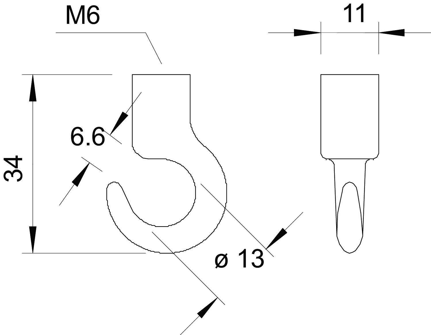 Zeichnung eines Hakens mit Maßen: Gesamtbreite 11 mm, Höhe 34 mm, Hakenöffnung 6,6 mm, Durchmesser 13 mm, Schraubengröße M6.