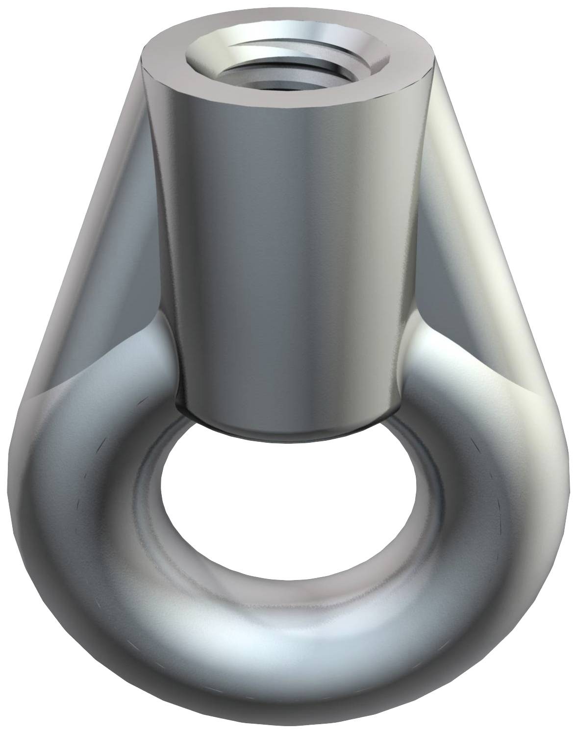 Metallisch glänzendes, tropfenförmiges Bauteil mit einem zentralen runden Loch und einem Gewinde auf der Oberseite.