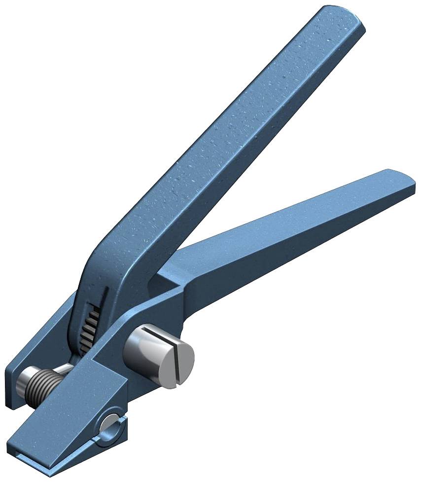 Ein blauer Metallstreifenspanner mit einem langen Hebel und einer Greifzange, hauptsächlich verwendet in Verpackungs- und Transportprozessen.