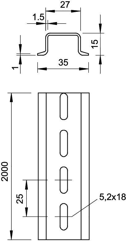 Technische Zeichnung eines Metallprofils mit Bemaßungen: Breite 27 mm, Höhe 15 mm, Länge 2000 mm. Löcher mit Durchmesser 5,2 mm.