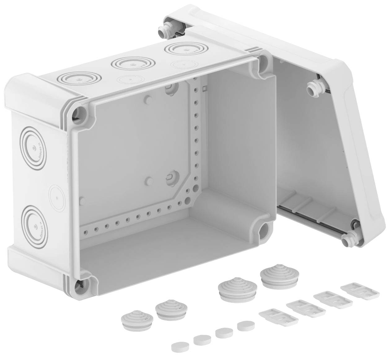 Elektrischer Anschlusskasten aus Kunststoff, geöffnet. Enthält herausnehmbare Abdeckungen und Gummidichtungen für Kabeldurchführungen.
