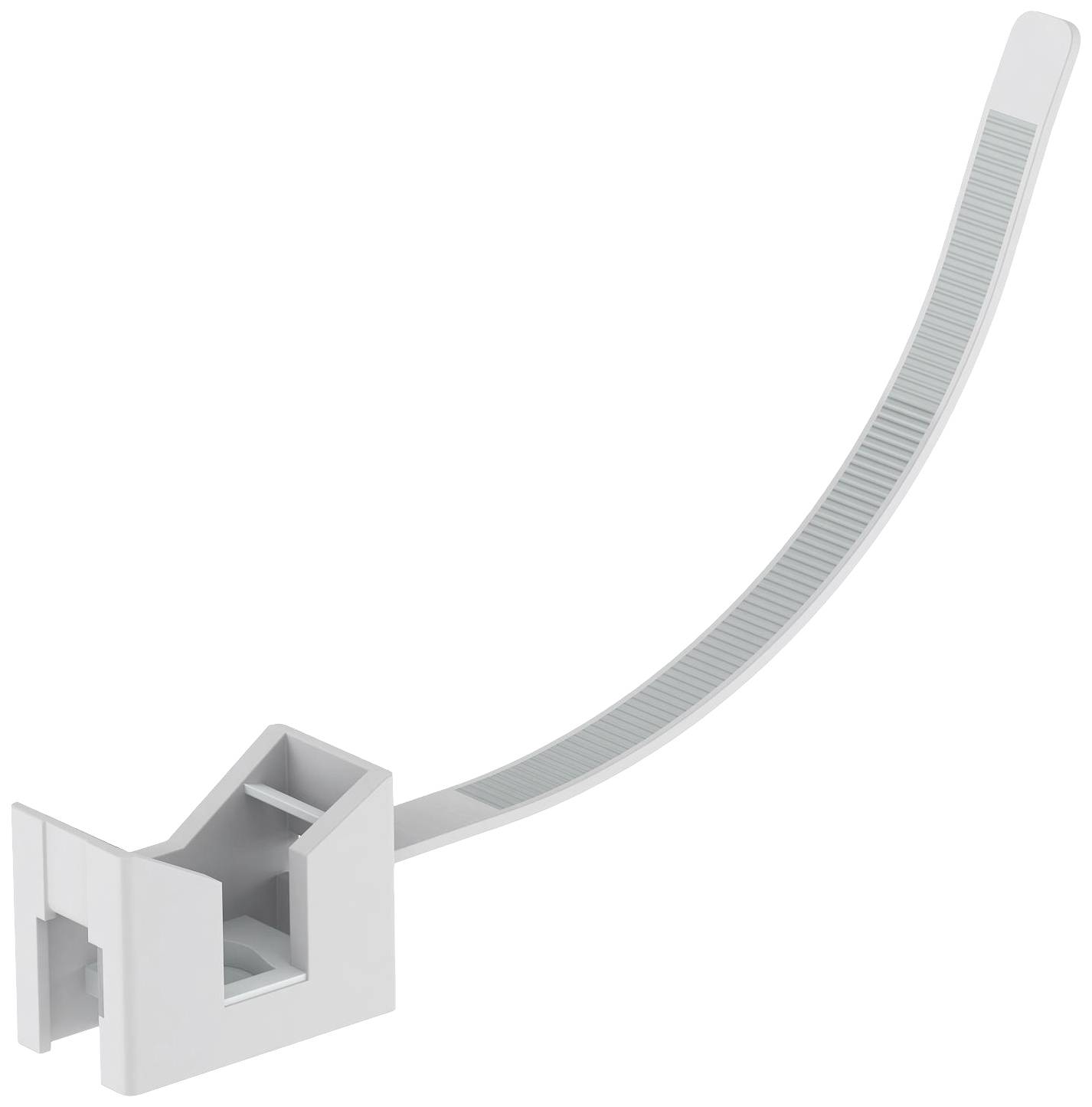 Ein weißer Kabelhalter mit integriertem Kabelbinder. Der Kabelbinder ist gebogen und hat eine gezackte Fläche für sichere Befestigung.
