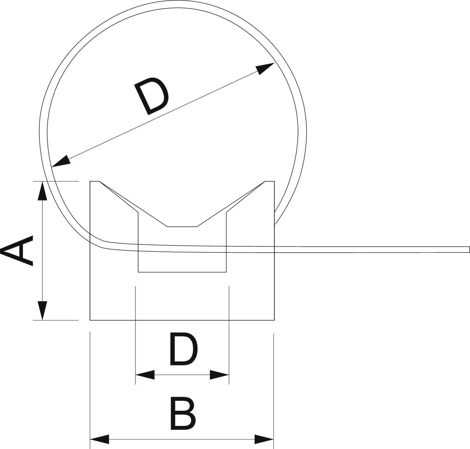 Technische Zeichnung eines Querschnitts. Maße A und B markieren die Höhe und Breite der Basis, während D den Durchmesser des Kreises angibt.