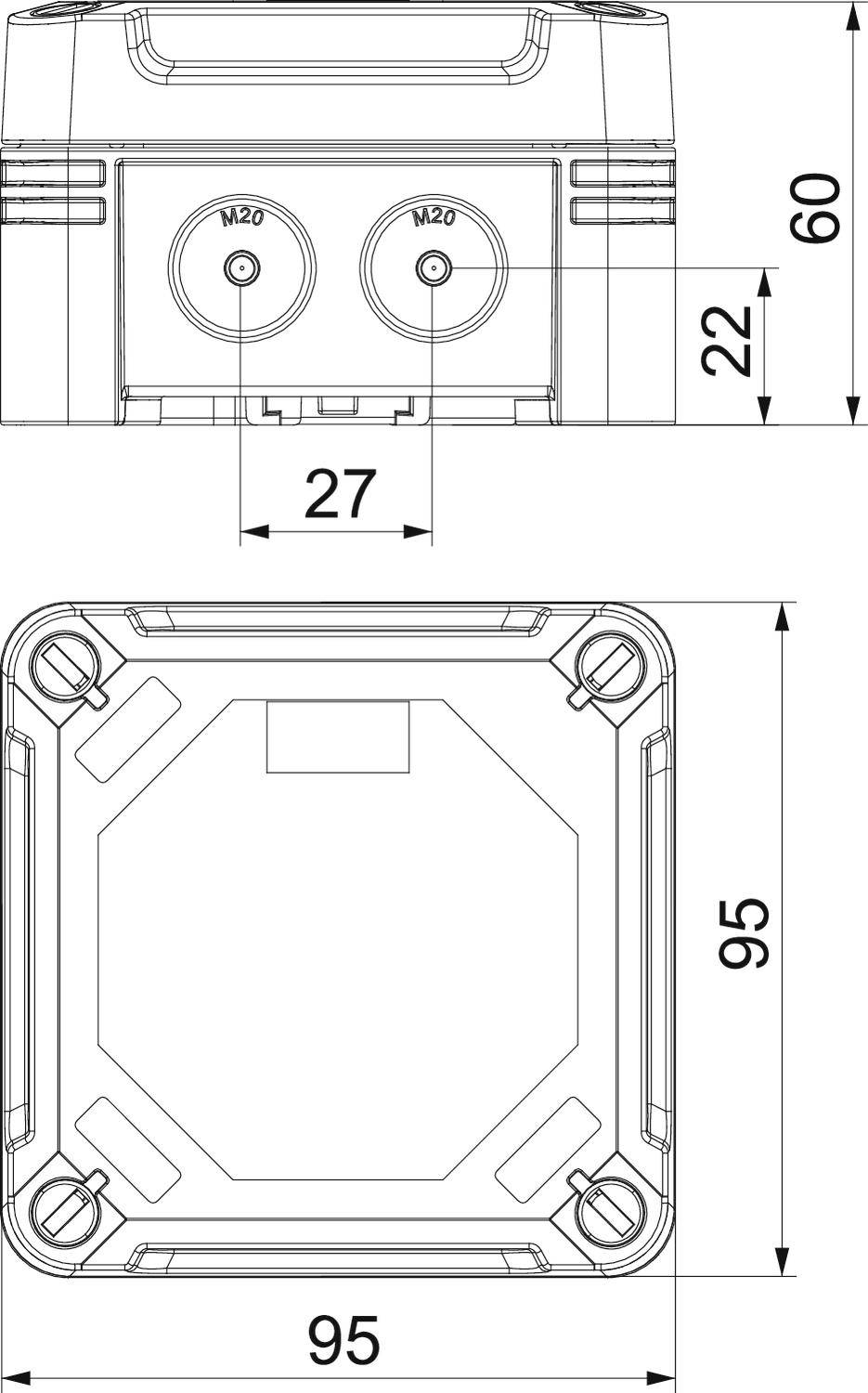 Zeichnung eines rechteckigen Gehäuses mit den Maßen 95x95 mm. Zwei M20-Anschlüsse und Höhenangaben 60 und 22 mm sind markiert.