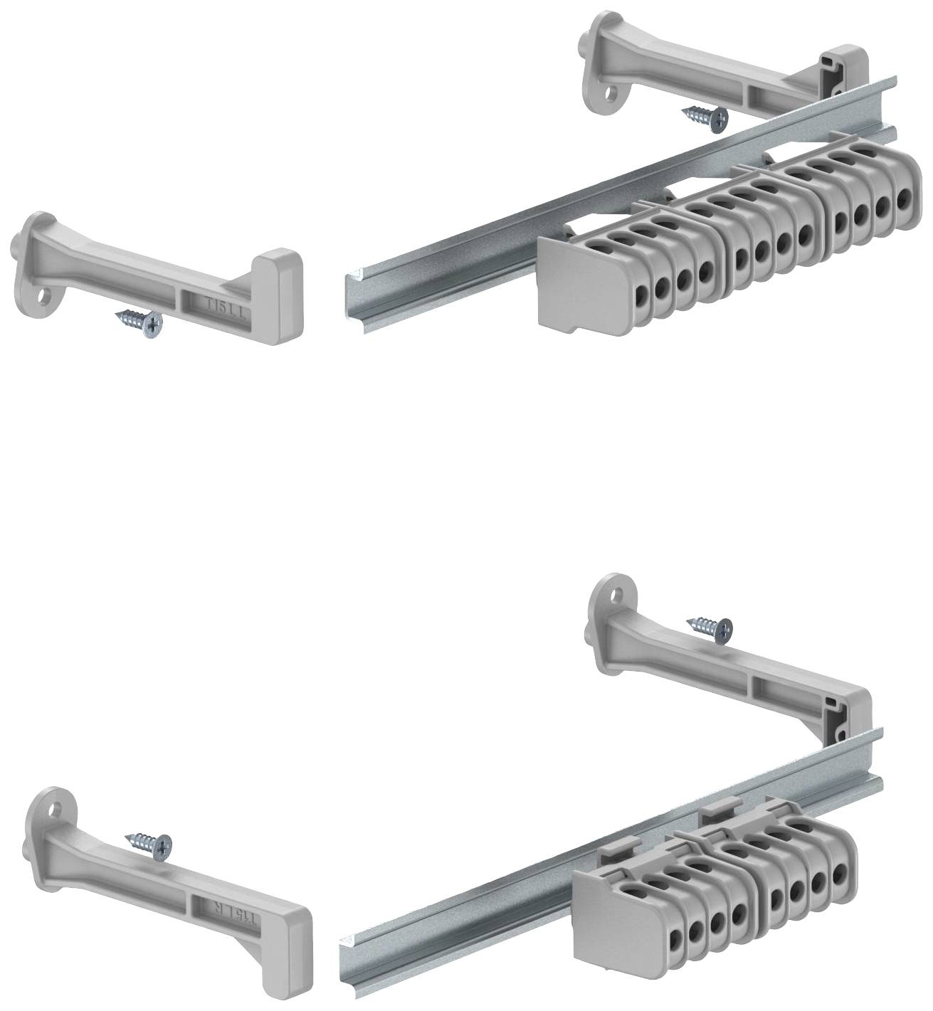 Teile eines Steckregalsystems, bestehend aus grauen Haltern, Schrauben und einer Metallschiene zur Wandmontage.