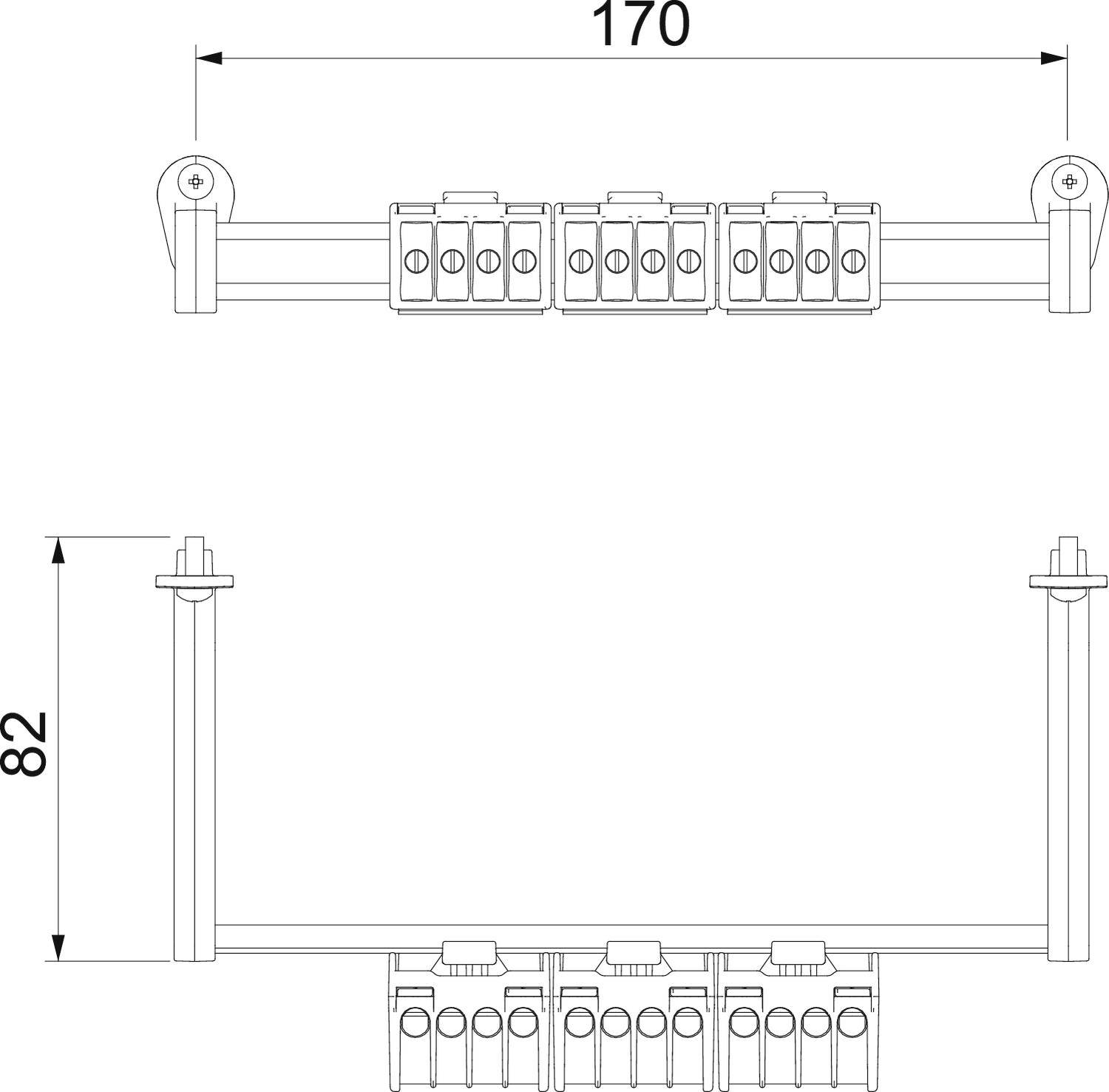 Technische Zeichnung einer elektrischen Klemmenleiste. Oben Draufsicht mit Breite 170 mm, unten Seitenansicht mit Höhe 82 mm.