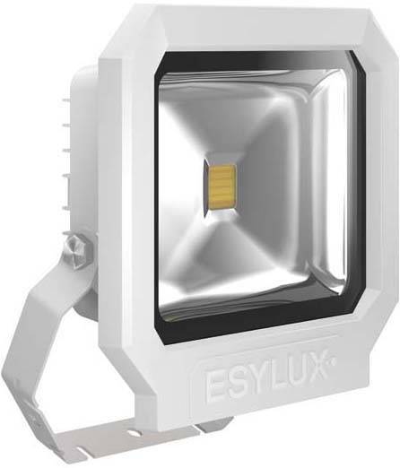Ein quadratischer LED-Strahler mit weißem Gehäuse und Halterung, geeignet zur Außenbeleuchtung.