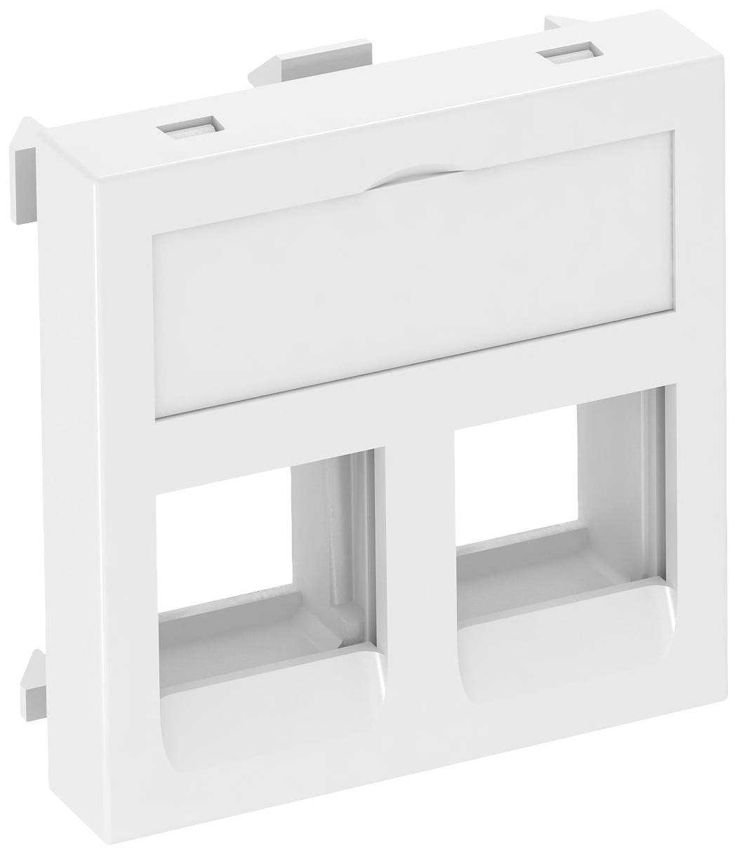 Ein doppeltes Netzwerkmodul-Abdeckungs-Panel in Weiß, das zwei Anschlüsse für RJ45-Stecker oder ähnliche Geräte aufnehmen kann.