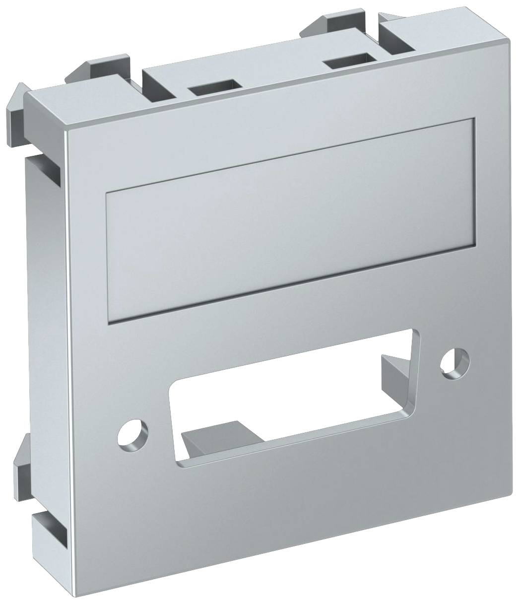 Metallplatte mit rechteckigem Loch und zwei runden Löchern an den Seiten, vermutlich Teil eines Montage- oder Befestigungssystems.