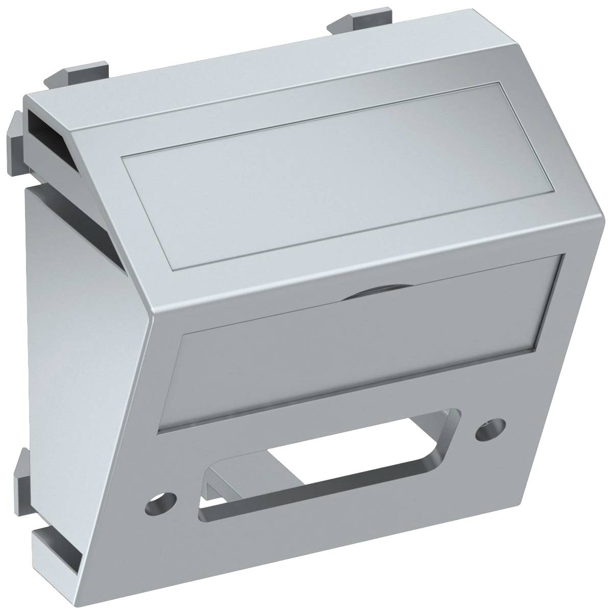 Metallische Abdeckung mit rechteckiger Form und Befestigungselementen, möglicherweise für industrielle oder elektrische Anwendungen.
