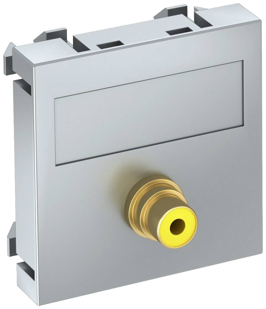 Elektrische Wandsteckdose in Silber mit einer einzelnen, goldfarbenen RCA-Buchse in der Mitte.